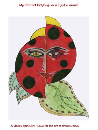 Abstrakt mariehøne ansigt med grønne blade, kunstplakat farverig grafik