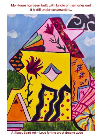 Farverig abstrakt plakat af et hus med blomster og mønstre