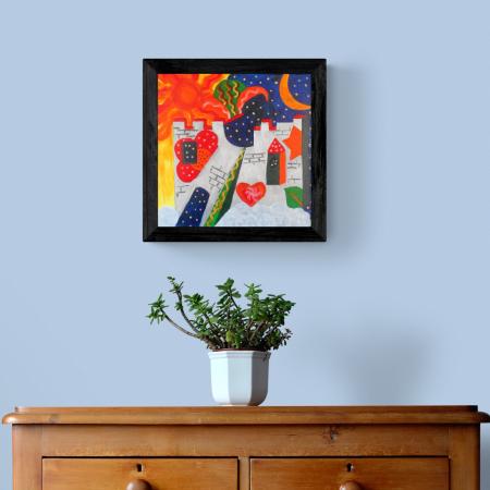 Abstrakt Castle – Originalt Akrylmaleri på Lærred (40x40 cm) Med Ramme | Kun 49 DKK i Fragt