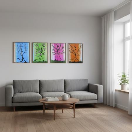 Four Seasons: Samling af Fire Akrylmalerier med Sølvrammer og Gratis Fragt